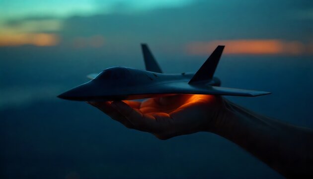 Futuristic stealth fighter jet model held gently in hand illuminated by warm orange glow against dramatic twilight sky - Powered by Adobe