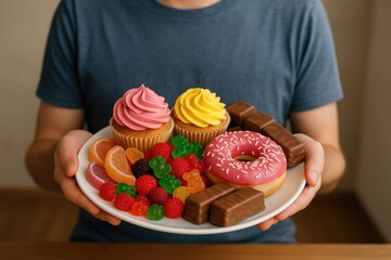 Adult person in blue shirt presents plate of cupcakes, donuts, gummies, fruit, and chocolate on wooden table
