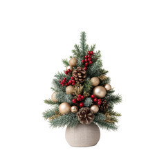 Small christmas tree with ornaments and berries in pot