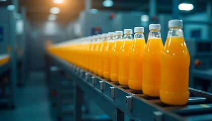 Fresh orange juice bottles moving on conveyor belt in modern factory, representing healthy beverage production and streamlined industrial processes