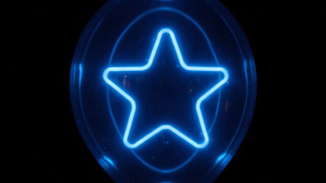 Neon Star in a Balloon - A close-up shot of a neon star outlined in bright blue, encapsulated within a transparent balloon. The background is a stark black, highlighting the glowing star shape.