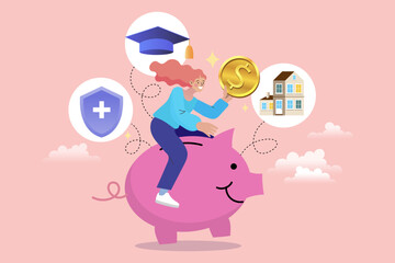 Financial planning and savings concept. A happy woman rides a piggy bank toward her life goals, like buying a house, education, and health insurance, representing investment for the future.