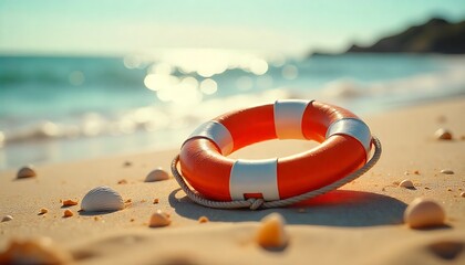 Vibrant orange life preserver rests on a sun-drenched sandy beach with calm ocean waves gently lapping the shore