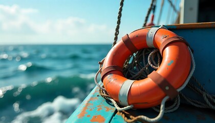 Secure your voyage with a trusty orange life preserver, ready for any maritime adventure on the vast, sparkling ocean.