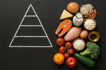 Chalk-drawn food pyramid on left with varied groceries right