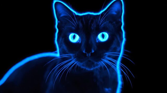 Neon Cat Outline with Glowing Eyes - A black cat is depicted against a black screen, outlined in bright blue neon with glowing blue eyes.