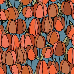 Floral colorful vector illustration with tulips. Simple minimalistic pattern with nature elements. Vector illustration for fabric, textile, poster, invitation. Trendy hand drawn textures.