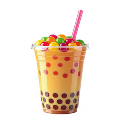 Colorful Bubble Tea Drink with Tapioca Pearls and Fruit Toppings on Transparent Background