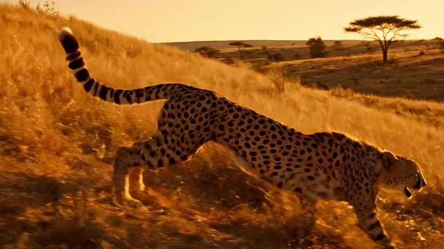Majestic cheetah running through the golden grasslands of the African savanna at sunset, showcasing its speed and grace in the wild