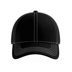 Black baseball cap with white stitching and curved brim with transparent background