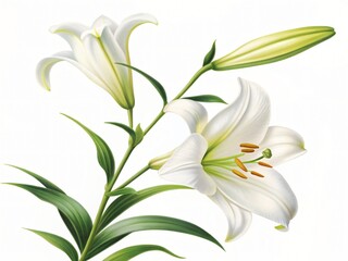 Obraz premium Detailed view of two elegant white lily flowers and a closed bud with green foliage on a stem against a white background