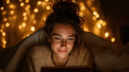 cyber monday Cozy woman enjoying reading on a tablet surrounded by warm lights.