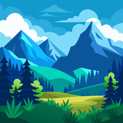 Vibrant mountain landscape with rolling hills and evergreen trees