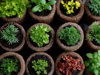 Overhead View of Seedlings Growing in Round Containers Various Shades of Green Red and Yellow against Dark Background