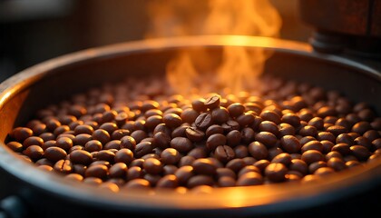Rich, aromatic coffee beans roasting to perfection with warm golden steam rising, creating an inviting and sensory experience for coffee lovers and cafes.