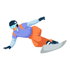 Snowboarder in motion wearing helmet and goggles, flat graphic style, isolated on white background. Concept of winter sport action. Vector illustration
