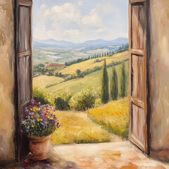 Illustration of a view of the Tuscany at autumn