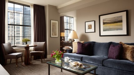 Fototapeta premium Modern Cozy Living Room with Elegant Decor and City View in Bright Natural Light