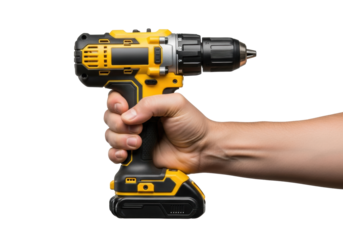 Adult caucasian hand gripping modern black and yellow cordless power drill, isolated on seamless transparent background, professional studio lighting. Concept of readiness and precision