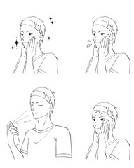 化粧水ミストを顔にかける男性の白黒イラストセット