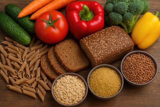 Colorful spread of vegetables, bread, pasta, and grains on wooden table