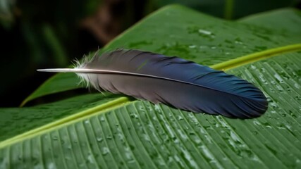 Close-up of a colorful bird feather resting on a wet green banana leaf, nature. - Powered by Adobe