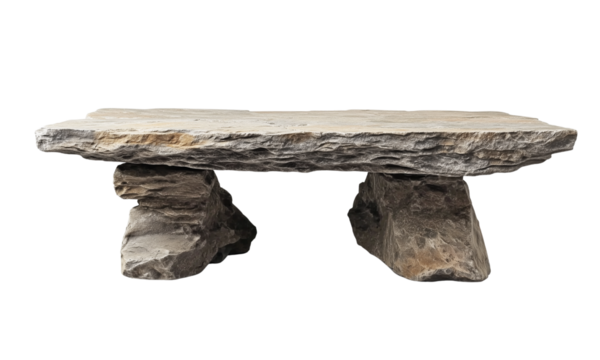 A flat stone bench formed from a rectangular slab supported by two rugged rock pedestals with natural hewn texture.
