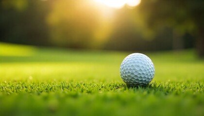 Obraz premium Golf ball resting on lush green grass ready for a stunning game, perfect for sports marketing and outdoor lifestyle campaigns