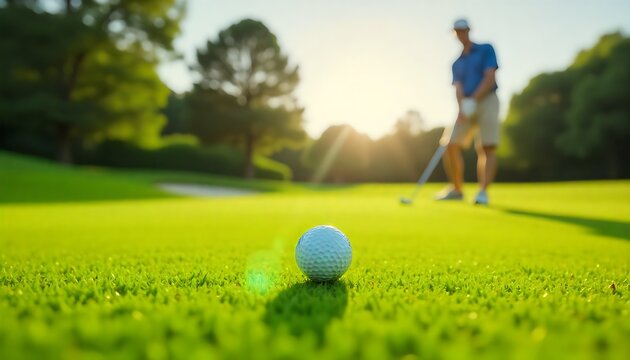 Golfer preparing to tee off on a beautiful sunny day, perfect for sports and leisure content, promoting outdoor activities and the golf lifestyle