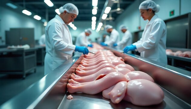 Poultry processing line in modern food factory with workers ensuring quality control and hygiene, a vital step in the food supply chain process - Powered by Adobe
