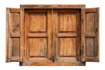 Aged, weathered, light brown wooden double window shutters