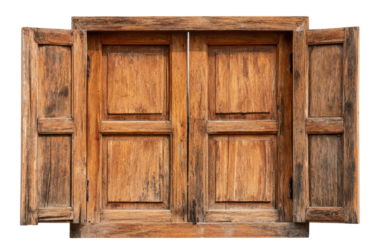 Aged, weathered, light brown wooden double window shutters