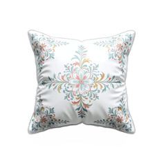 Elegant decorative pillow with intricate floral pattern on white fabric transparent background