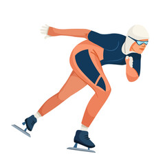 Speed skater in dynamic pose wearing a racing suit and helmet, flat art style on a white background. Concept of winter sports and competition. Vector illustration