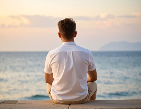 Man sits seaside, back to camera, watching sunset over calm ocean