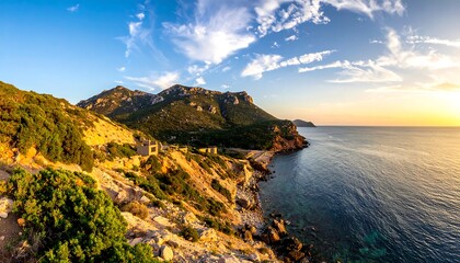 Coastal mountain panorama at sunset