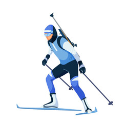 Athlete skiing with rifle on back in flat graphic style on white background. Concept of winter biathlon sport and competition. Vector illustration