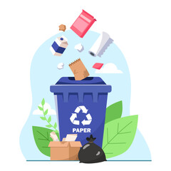 Blue recycling bin labeled paper with flying trash, flat style on white background, concept of waste sorting and environmental protection. Vector illustration