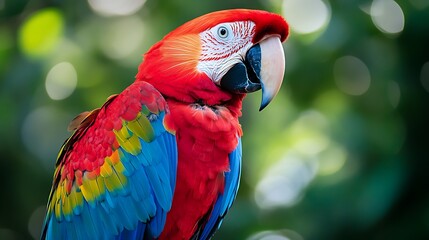 Obraz premium Close up of a vibrant scarlet macaw perched against a blurred green foliage background in nature