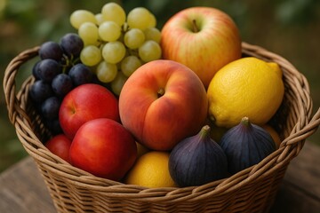 Woven basket overflowing with apples, peaches, grapes (green and purple), lemons, dark figs on wooden table