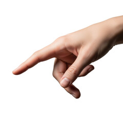 Detailed adult human hand, slender, neutral skin tone, index finger gently tapping an implied surface, isolated on transparent studio background, minimalist concept of contemplation