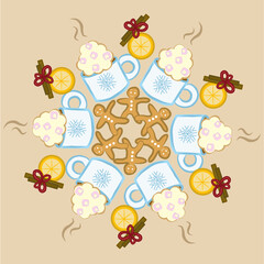 Cosy Hot Chocolate and Gingerbread Motif - Winter Snowflake Design on Brown Background