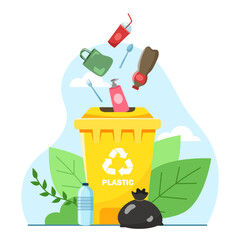 Yellow plastic recycling bin with various plastic waste items, flat graphic style, set on a nature-themed background. Concept of recycling. Vector illustration