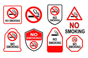 Set of bold &ldquo;No Smoking&rdquo; signs in various shapes and styles. Vector icons warning against smoking, designed for public use. Editable &ldquo;No Smoking&rdquo; labels in shield, triangle, and octagon formats.