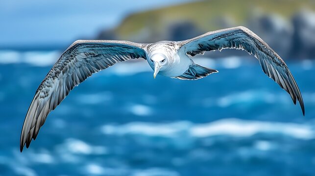 A light colored bird with outstretched wings flying over a blue ocean on a sunny day outdoors - Powered by Adobe