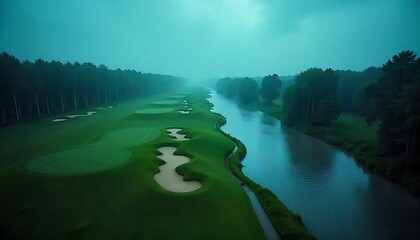 Serene golf course fairway winds alongside tranquil river under misty morning sky, perfect for luxury travel and sports themes