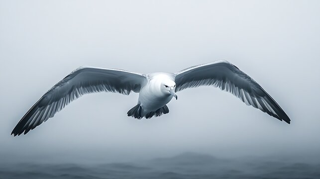 A fulmar gliding gracefully through the misty sky with its wings fully extended in a serene moment