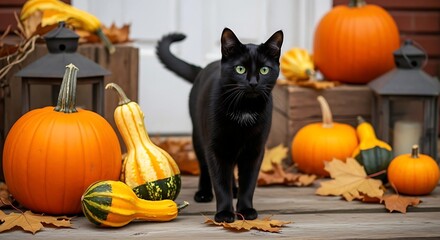 Black Cat on a Rustic Autumn Porch with Pumpkins for Halloween and National Black Cat Day

