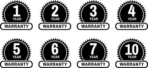 Circular black warranty badge icons. Guarantee labels for 1 to 10 years. Vector isolated on white background.