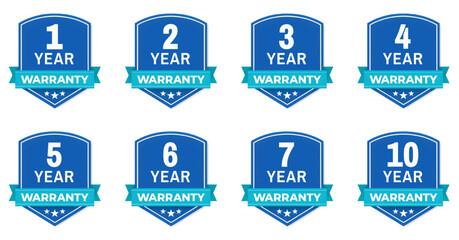 Blue warranty badge collection. 1 to 10 years warranty guarantee labels. Vector isolated on white background.